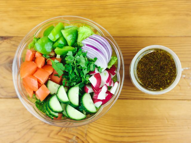diced tomatoes, sliced cucumbers, radishes, red onions, green bell peppers, and fresh cilantro Salad